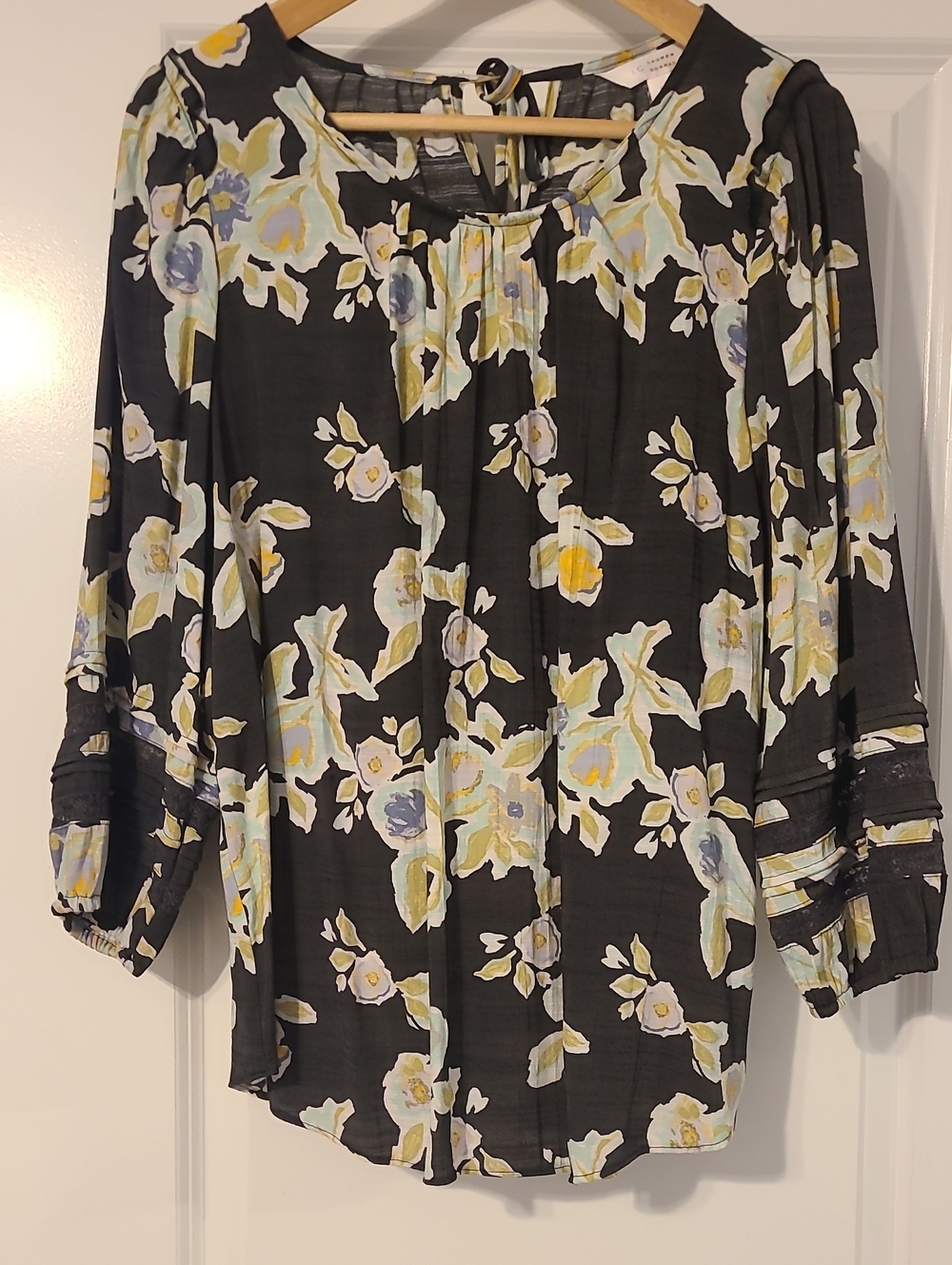 LC Lauren Conrad Black Floral Blouse with Yellow & Blue Accents